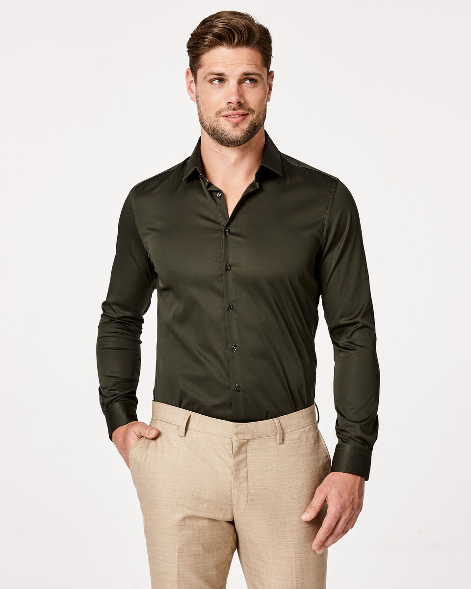 Slim Sateen Long Sleeve Shirt, Khaki, hi-res